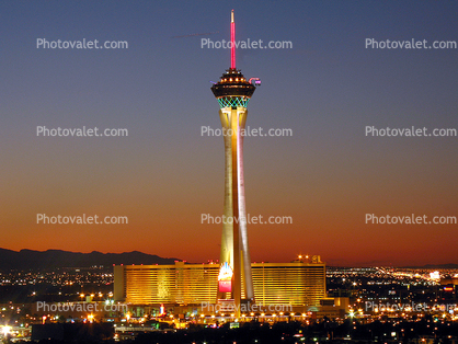 the Stratosphere, Twilight, Dusk, Dawn, Night, Neon Lights, Exterior, Outdoors, Outside, Nighttime, Sunset