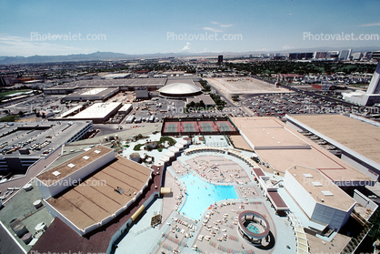 Swimming Pool, Flying Saucer Dome, buildings, Hexagon, skyline, Hilton Hotel