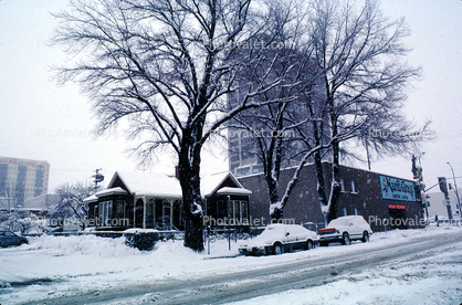 Mardi Gras building, Home, House, trees, cars, snow, blizzard, sleet, storm, Cold, Ice, Winter, Wintry, Cars, vehicles, Automobile