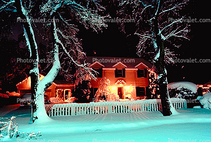 House Covered in Snow, snow storm, building, trees, Nighttime, winter