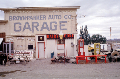 Brown Parker Garage, building, telephone booth, picnic benches, pumps, Goldfield