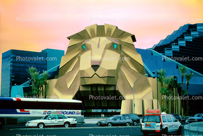MGM Grand Hotel, Greyhound Bus, Lion Entrance, taxi cab, cars, street
