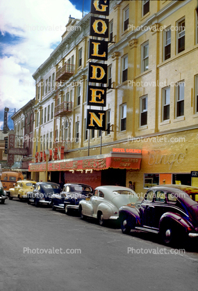 Hotel Golden, Gay Nineties Show, building, cars, 1940s
