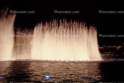Water Fountain, aquatics, Night, nightime, lights, Exterior, Outdoors, Outside, Nighttime, The Bellagio Hotel and Casino