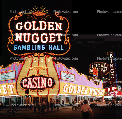 Golden Nugget, Casino, Gambling Hall, Neon signs, night, nighttime, Hotel, building, Las Vegas, Nevada, 1962, 1960s