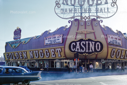 Golden Nugget, Casino, Gambling Hall, signage, early morning, Las Vegas, Nevada, Hotel, building, Cars, vehicles, Automobile, 1963, 1960s