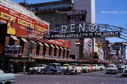 Reno Arch, Cars, automobile, vehicles, Sign, Downtown, street, road, 1950s