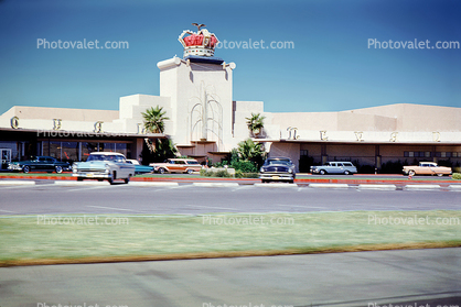 Royal Nevada Hotel and Casino, building, crown, cars, automobiles, vehicles, September 1958, 1950s