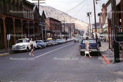 Main Street, town, buildings, shops, street, Cars, vehicles, Automobile, Virginia City, July 1960, 1960s