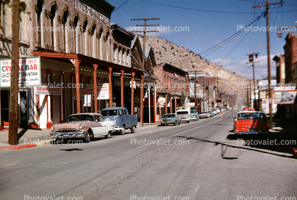 Main Street, Cars, Pontiac, Rambler, downtown Virginia City Nevada, 1950s