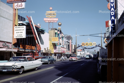 Downtown Reno, Casinos, Primadonna, Sign, arch, Cadillac Car, 1960s