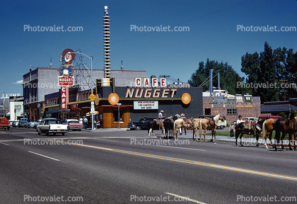 Nugget Cafe, Buildings, Horses, cars, street, casinos, Boulder City, August 1958, 1950s