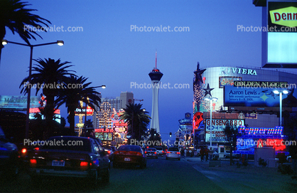 the Stratosphere, Tower, Riviera, Buildings, Hotel, Casino, Night, Exterior, Outdoors, Outside, Nighttime, neon signs