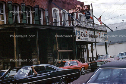 The Brass Rail, downtown, cars, shops, building, saloon, Virginia City, 1960s