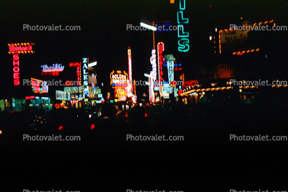 Nighttime, Downtown Las Vegas, Hotel, Casino, building, Neon Signage, night lights, March 1965, 1960s