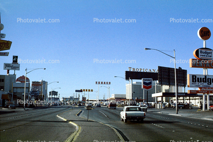Las Vegas Blvd, The Strip, Hotel, Casino, buildings, cars, Chevron Gas Station, automobile, vehicles, 1960s
