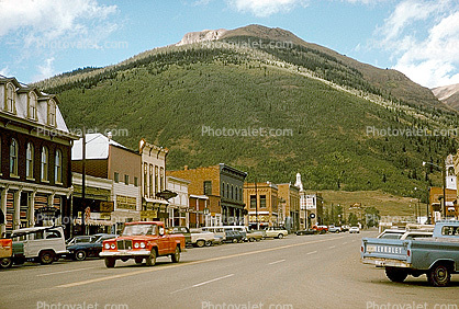 Silverton, buildings, cars, hill, Jeep, highway, October 1968, 1960s