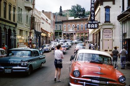 Earl's Toll Gate Bar, cars, shops, Central City, July 1960, 1960s