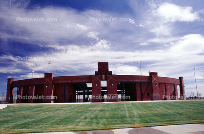 Jackie Robinson Field, brick building, lawn, yard, sidewalk, path