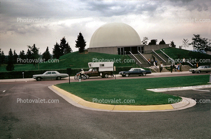 Dome, Planetarium at U.S. Air Force Academy, building, cars, camper, motorcycle, August 1970, 1970s