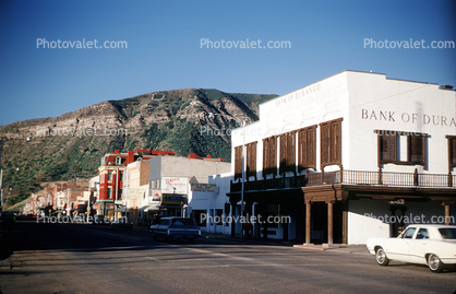 Bank of Durango, street, Shops, Stores, Cars, June 1969, 1960s