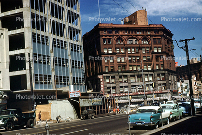 Greyhound Bus Station, Buick Cars, downtown, buildings, Automobile, Vehicle, 1950s