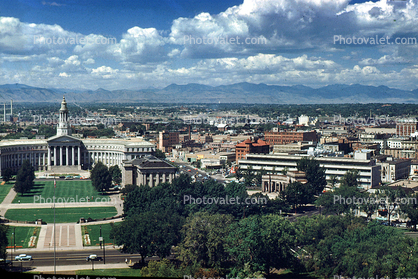 Denver City & County Building, Civic Center Park, skyline, Rocky Mountain Range, Rockies, clouds