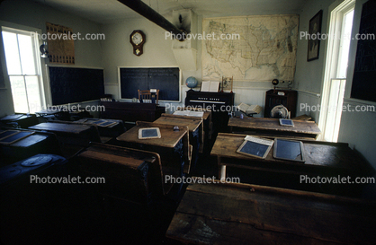 One Room Schoolhouse, rdesks, chalkboard, clock, map, piano, interior, South Park City, Fairplay in Park County, building, ghost town