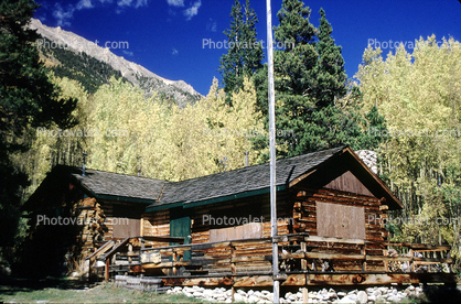 Home, house, building, log cabin, wood, trees, forest, mountain, clouds, Winfield, Chaffee County, ghost town