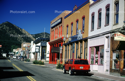Buildings, shops, downtown, cars, Idaho Springs Colorado