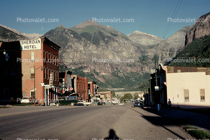 Sheridan Hotel, Downtown, Cars, vehicles, Automobile, Telluride, August 1963, 1960s