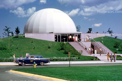 U.S. Air Force Academy Planetarium, Dome, building, Ford Fairlane car, stairs, steps, August 1961, 1960s