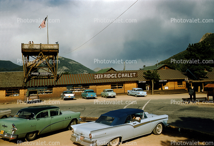 Deer Ridge Chalet, Ford Fairlane, Buick Sedan, tourist trap, viewing tower, 1950s