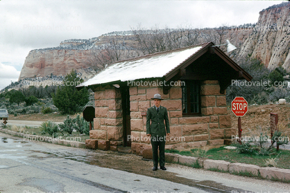 Perry Thomson Park Ranger, stone hut, entrance, entry, cold, STOP sign, May 1963, 1960s