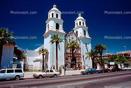 St Augustine Cathedral, Roman Catholic, Diocese of Tucson, Twin bell towers, cars, palm trees