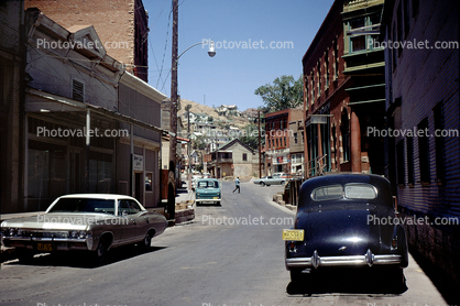 Downtown Bisbee, Cars, buildings, shops, hill, April 1972, 1970s