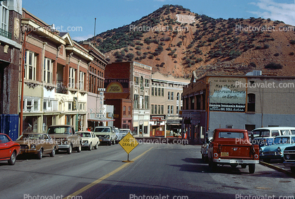 Downtown Bisbee, Cars, buildings, shops, hill, December 1976, 1970s