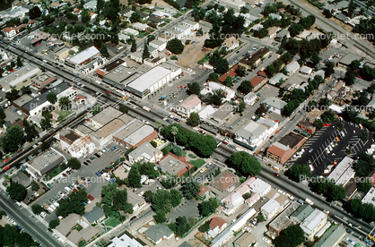 Downtown Pleasanton aerial, Buildings, houses, homes, texture, suburban sprawl, Main street, 1 September 1983