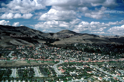 Cumulus Clouds, Hills, Houses, homes, texture, suburban, urban, sprawl, Buildings, 1 October 1983