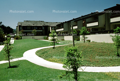 Apartment Complex, path, buildings, lawn, trees, garden, 11 May 1984