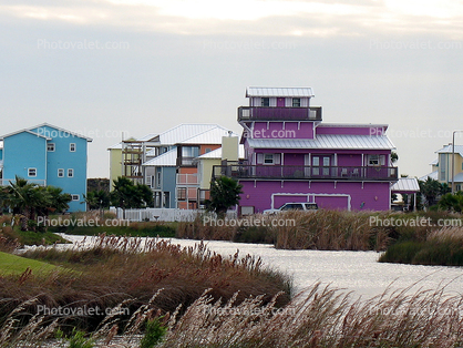 Purple house, colorful buildings, Beach, Port Aransas