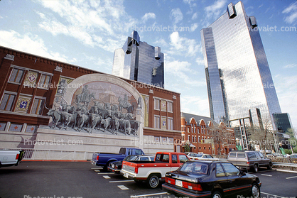 Sundance Square, Parked Cars, glass skyscraper buildings, Cars, vehicles, Automobile, Fort Worth, 22 March 1993