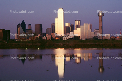 Trinity River, Dallas Skyline, buildings, reflection, 23 March 1993