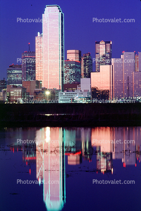 Twilight, Dusk, Dallas Skyline, buildings, Trinity River, 23 March 1993