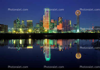 Dallas, Twilight, Dusk, Dawn, Dallas Skyline, buildings, reflection, 23 March 1993