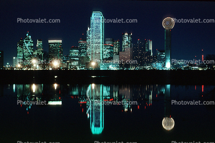 Dallas Skyline Night, buildings, reflection, 23 March 1993