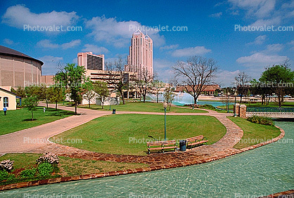 Water Park, benches, paths, footbridge, buildings, stream, San Antonio, 25 March 1993