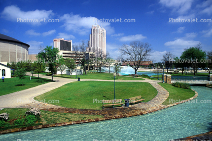Marriot Hotel, Water Fountain, aquatics, Park, benches, paths, footbridge, San Antonio, 25 March 1993