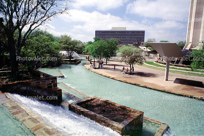Water Fountain, aquatics, Park, paths, buildings, stream, San Antonio, 25 March 1993
