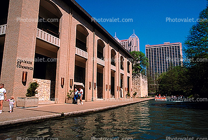 Chamber of Commerce building, river, lake, water, walkway,the Riverwalk, San Antonio, 25 March 1993